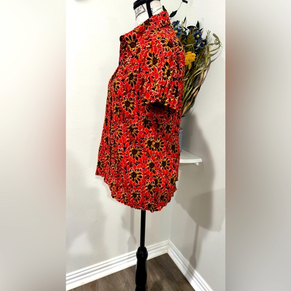 Fred David Red Black Short Sleeve pleated Stretch Button Down Shirt size Large - Picture 4 of 8